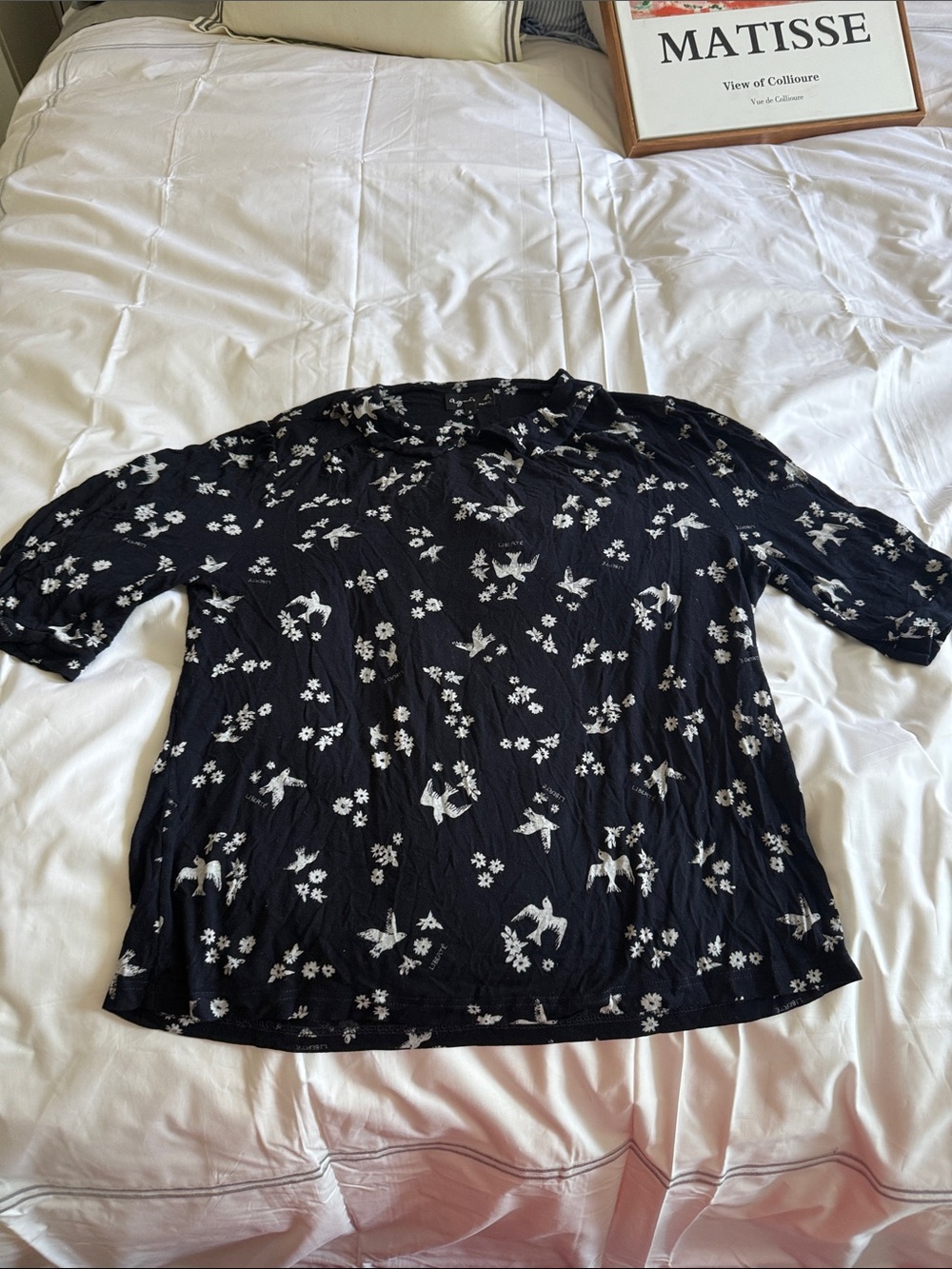 Agnes B. Black Short-Sleeve Top with White Bird & Floral Print